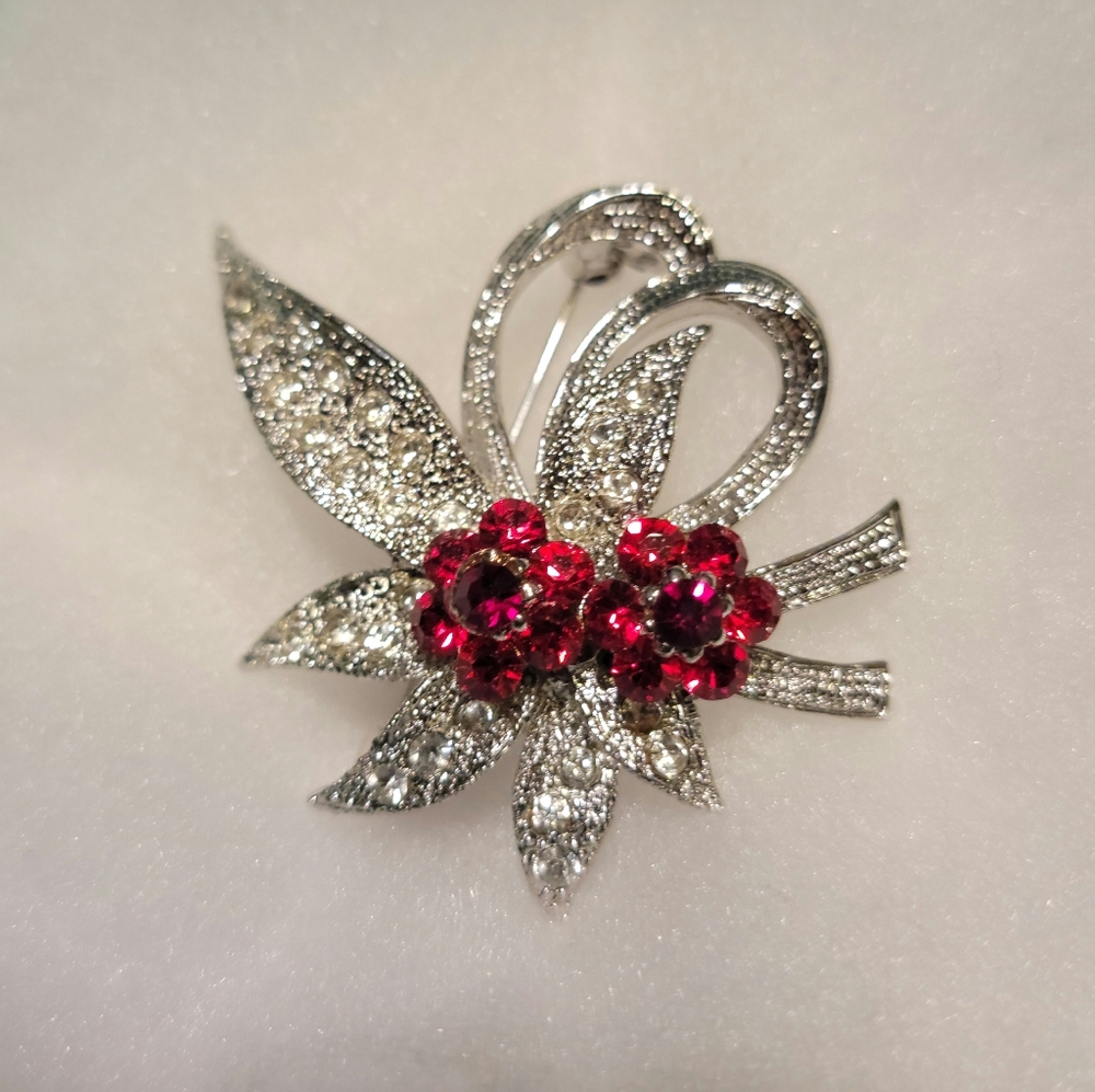 Elegant Silver and Red Floral Brooch